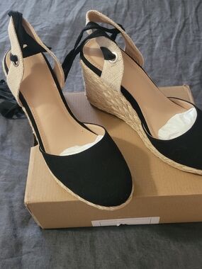 Womens Black Espadrille Wedge Sandals with Ankle Tie